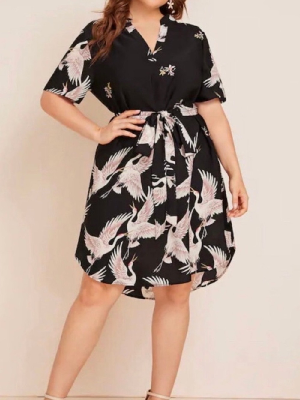Shein Crane Print Waist Tie Dress